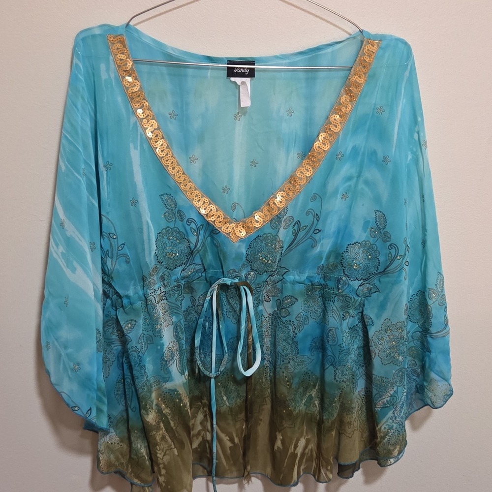 Vanity Women M Boho Poncho Blouse Sheer Floral Sequin Glitter Drawstring USA
